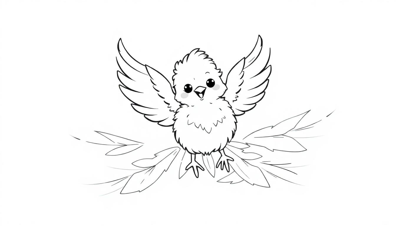 Ein niedlicher Vogel mit großen Augen und ausgebreiteten Flügeln sitzt auf bunten Blättern.