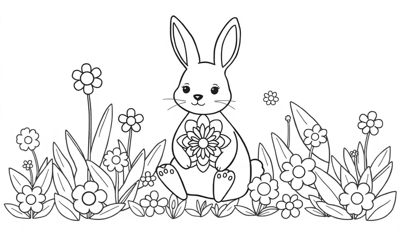 Schwarz-Weiß-Zeichnung eines Osterhasen, der in einer Blumenwiese sitzt und eine Blume hält.