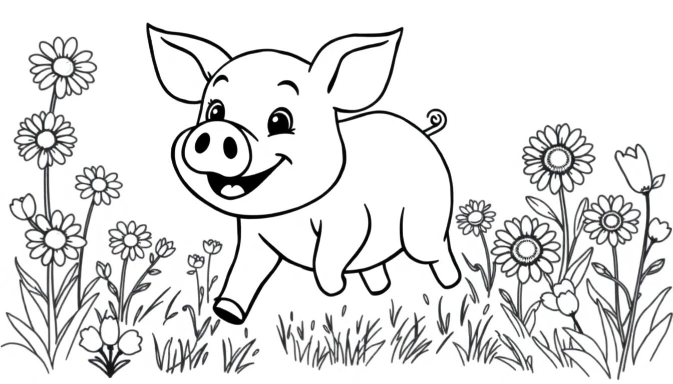 Schwarz-Weiß-Illustration eines glücklichen Schweins mit einem schelmischen Grinsen in einem Feld voller Gänseblümchen und Tulpen.