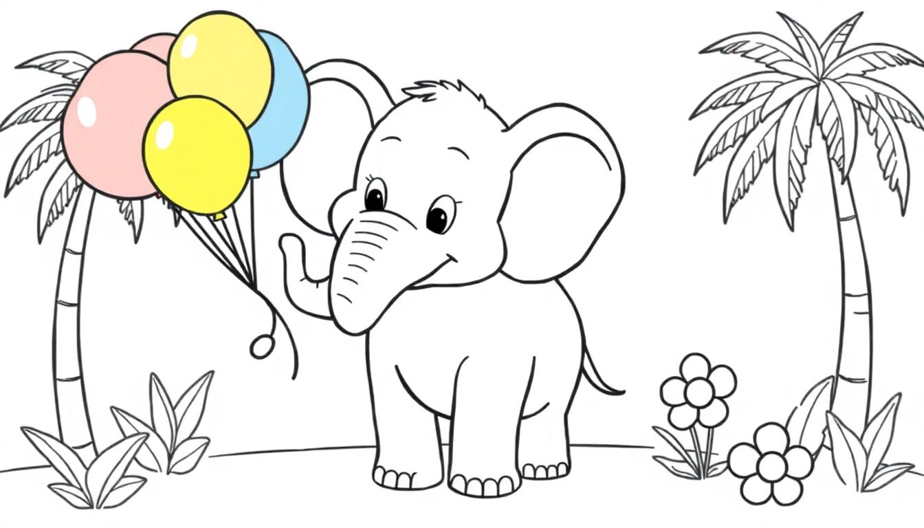 Ein lächelnder Elefant hält bunte Luftballons in einer tropischen Landschaft.