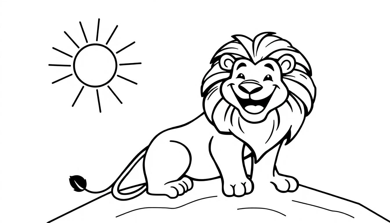 Eine Schwarz-Weiß-Farbtafel-Zeichnung eines Cartoon-Löwen, der auf einem Hügel sitzt und zur Sonne lächelt.