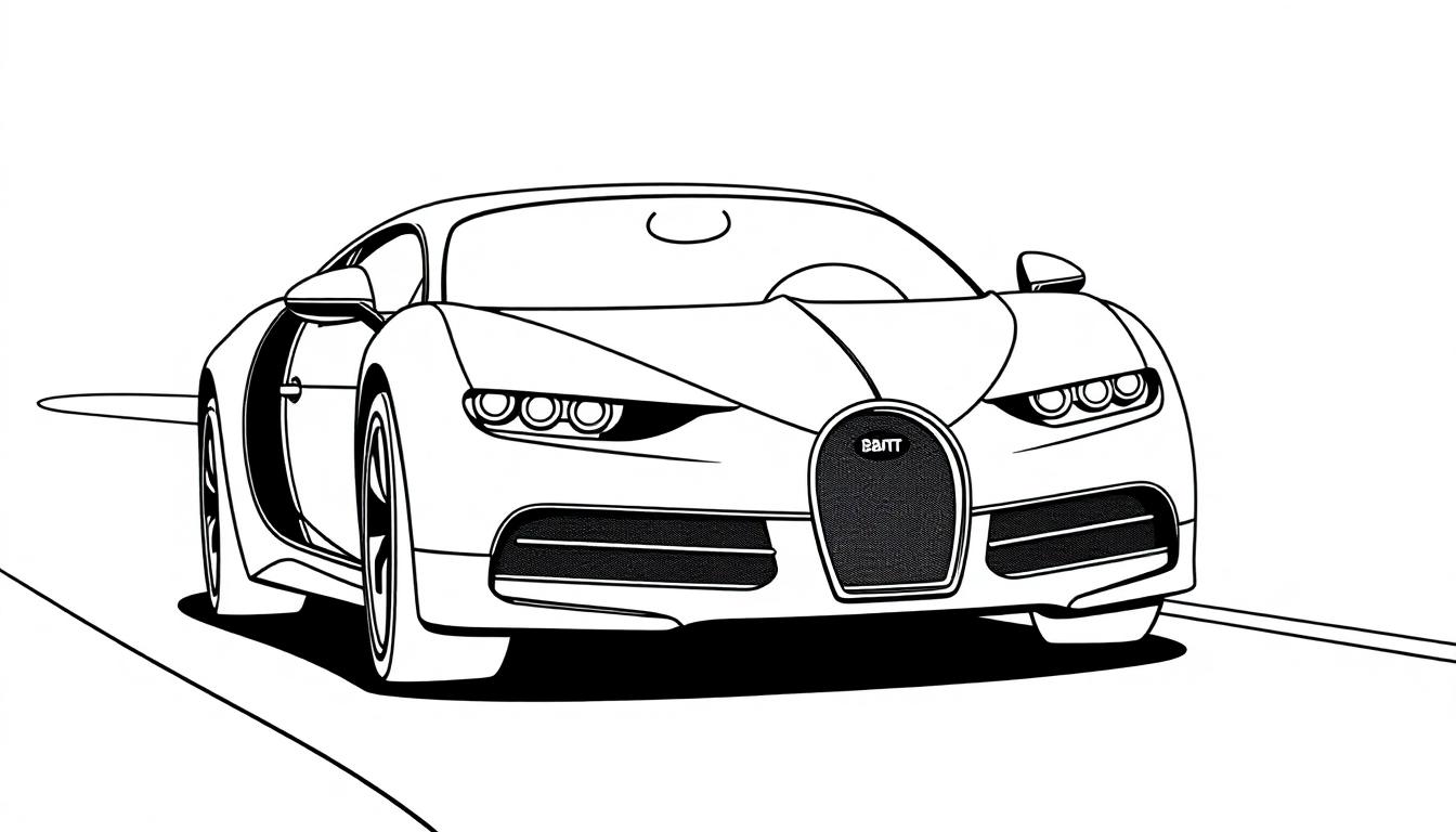 Schwarz-Weiß-Strichzeichnung eines Bugatti Chiron von vorne.