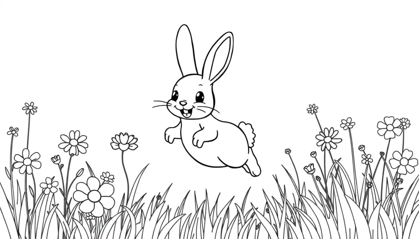 Ein niedliches, schwarz-weißes Häschen hüpft durch Gänseblümchen und Gras.