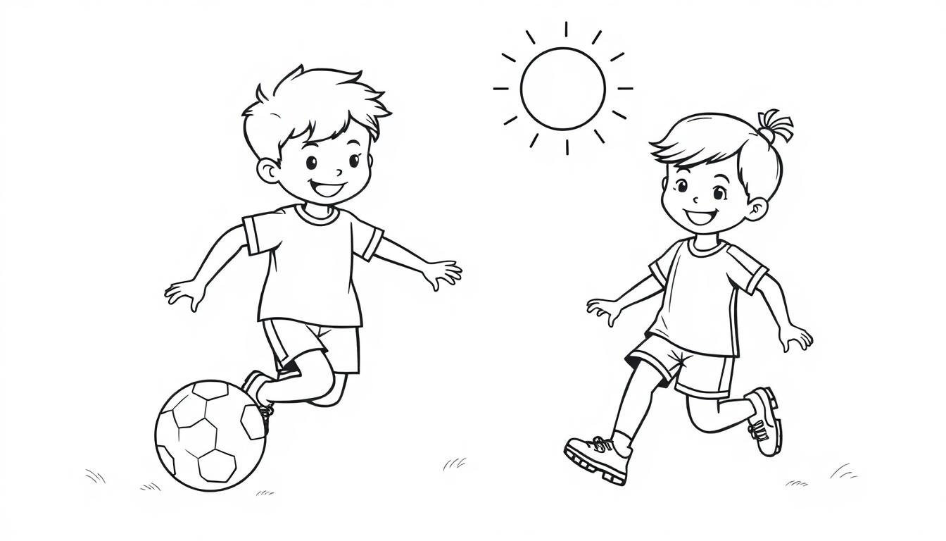 Zwei Kinder spielen Fußball unter strahlender Sonne im Cartoon-Stil.