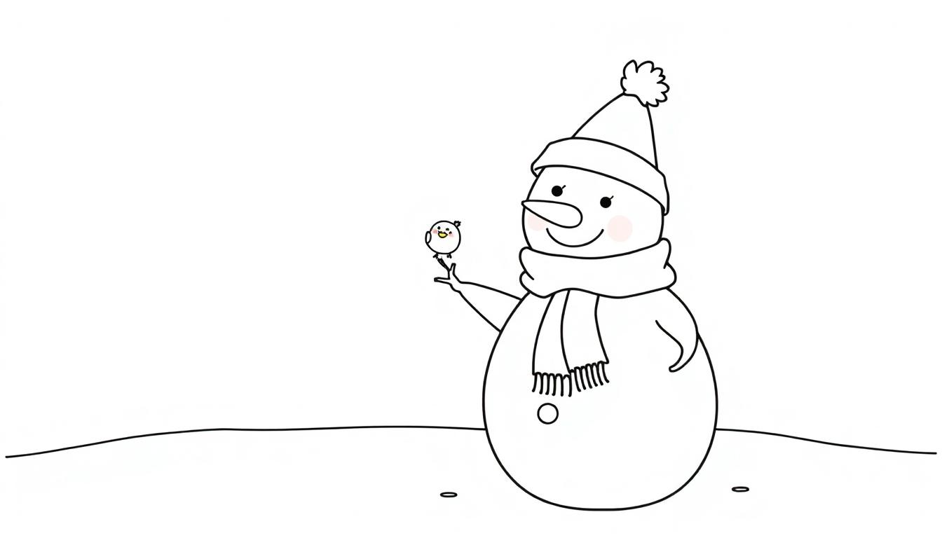 Ein niedlicher Schneemann mit einer Karottennase und einem warmen Schal im Schnee spielt mit einem kleinen Vogel.