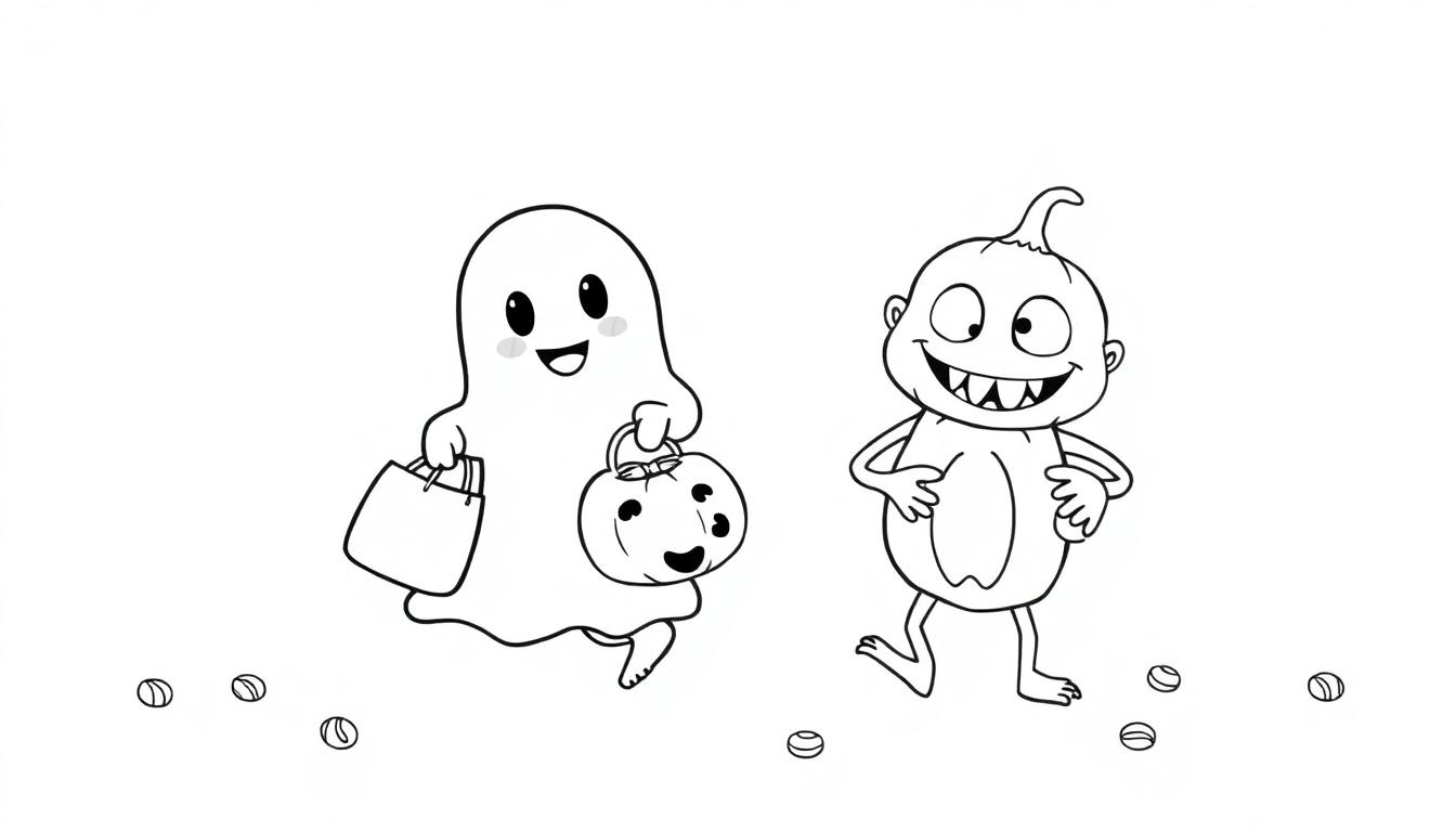 Ein freundlicher Geist mit einem Kürbis und ein Kürbis-Mensch mit einem Lächeln feiern Halloween.