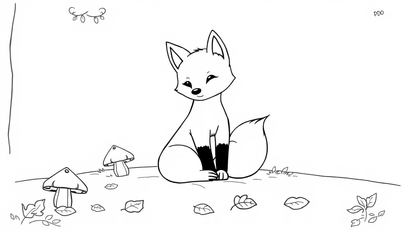 Schwarz-Weiß-Zeichnung eines Cartoon-Fuchses im Wald mit Pilzen und Blättern.