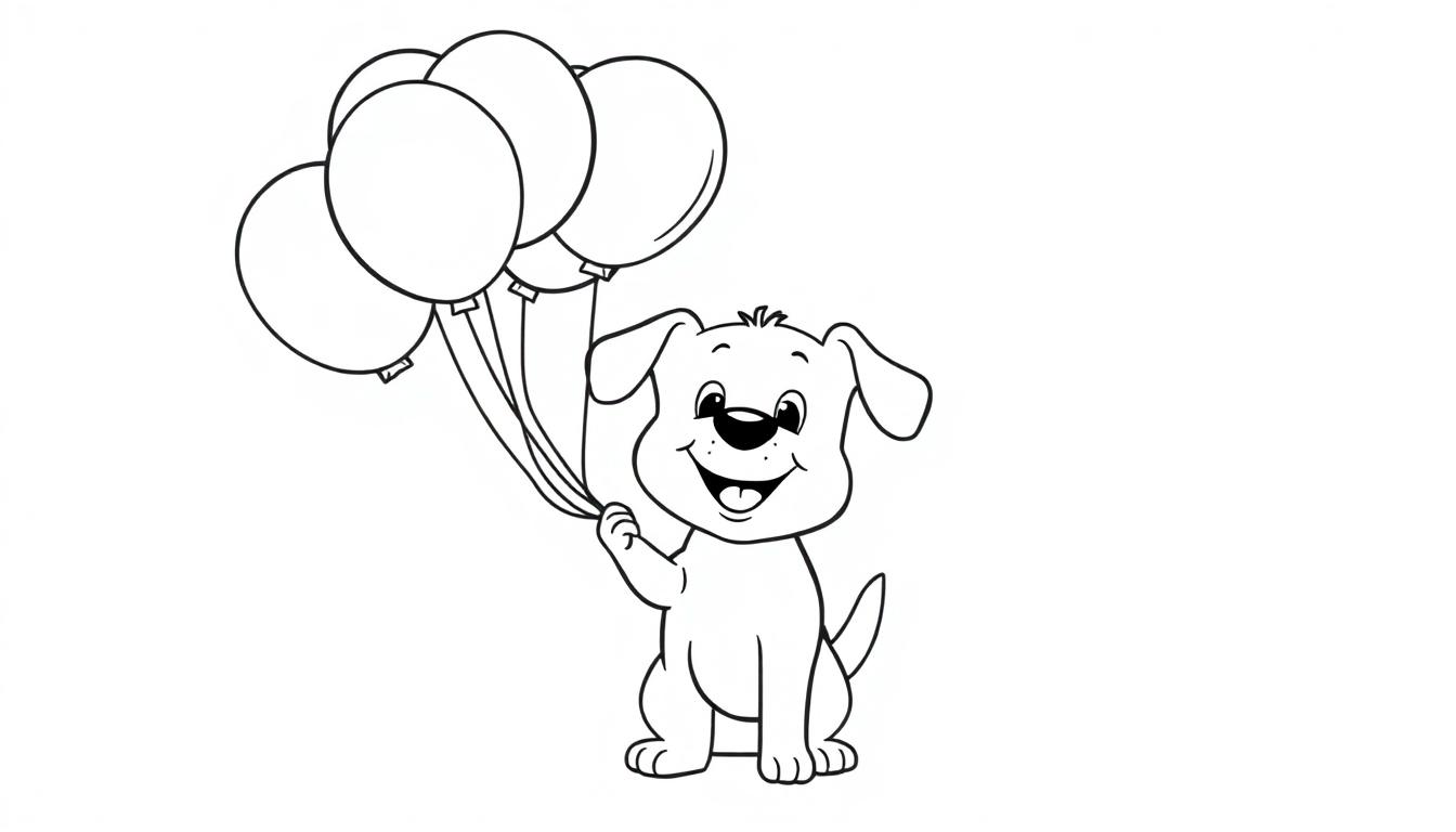 Ein niedlicher Cartoon-Hund mit einem breiten Lächeln, der Ballons hält.