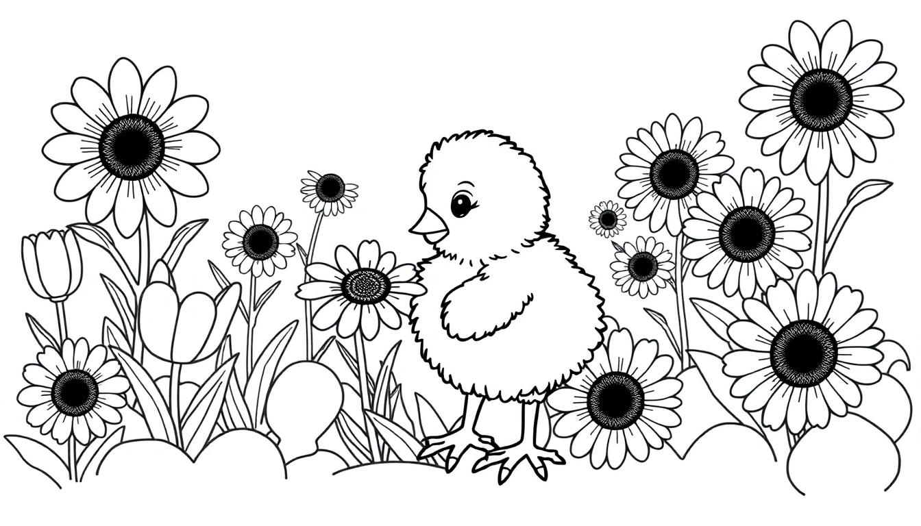Ausmalbild: Ein niedliches Küken steht in einem Blumenfeld mit Gänseblümchen und Tulpen. Farbtafel für Kinder.
