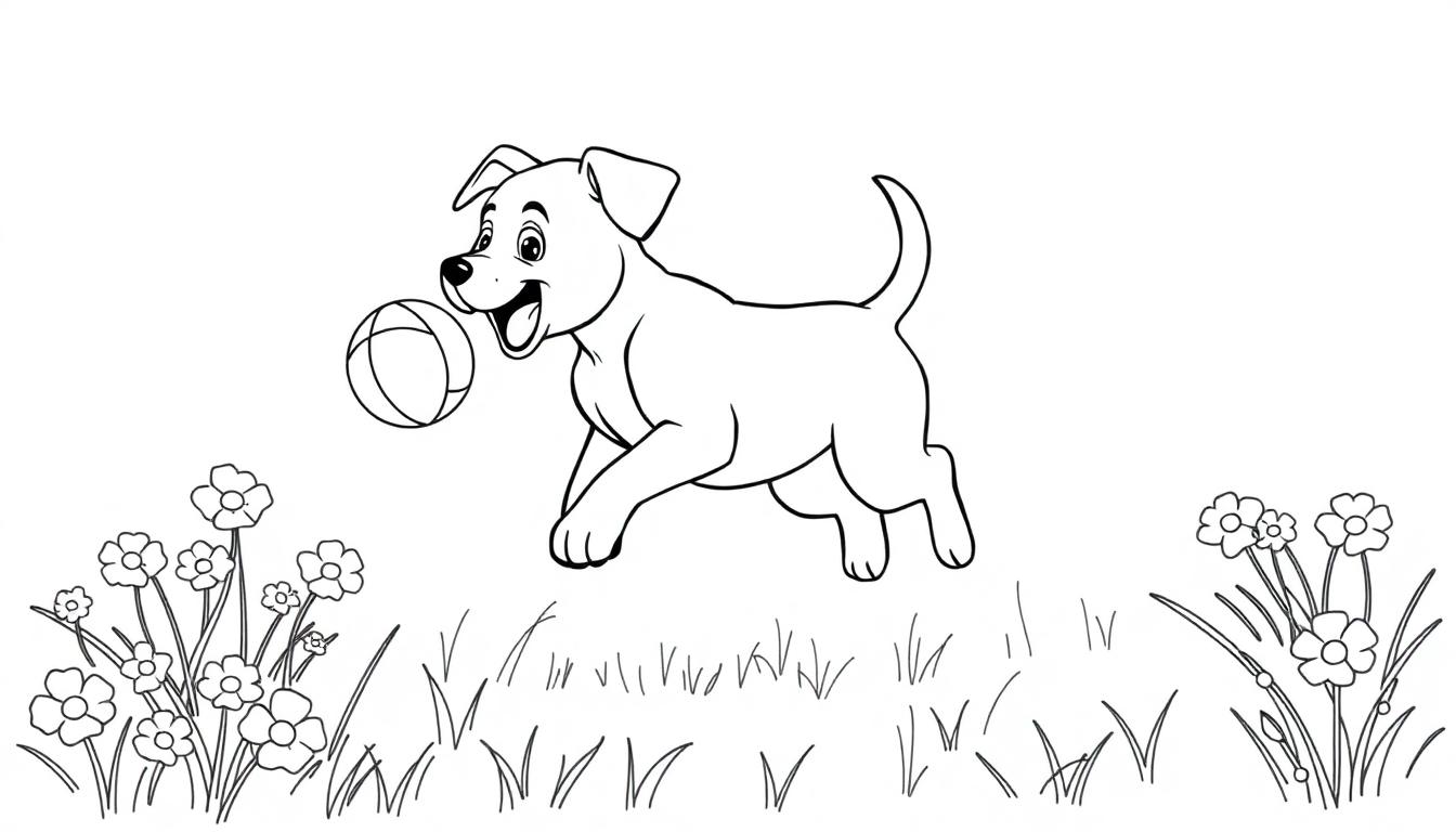 Schwarz-Weiß-Zeichnung eines fröhlichen Hundewelpen mit einem Ball im Maul, der auf einem Blumenwiese spielt.