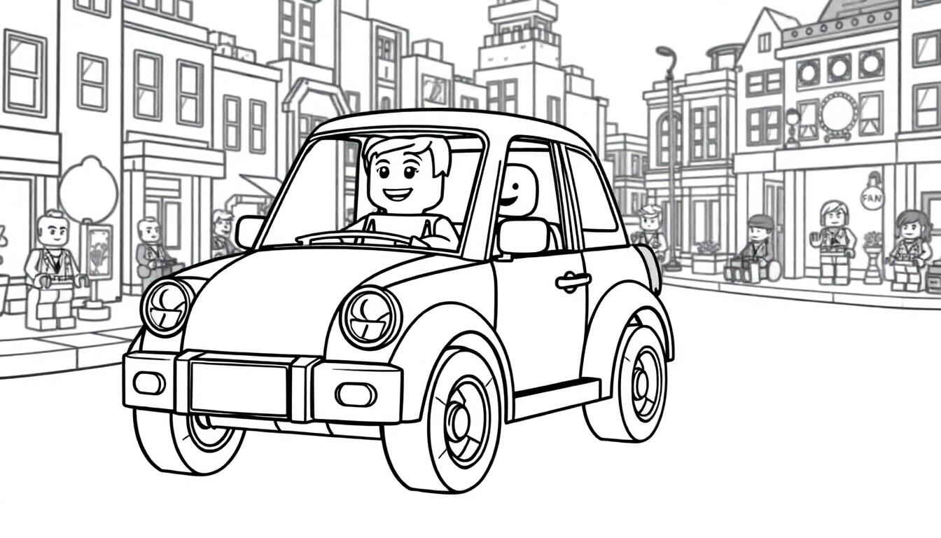 Schwarz-Weiß-Zeichnung einer Lego-Straßenszene mit einem Auto und Lego-Figuren.