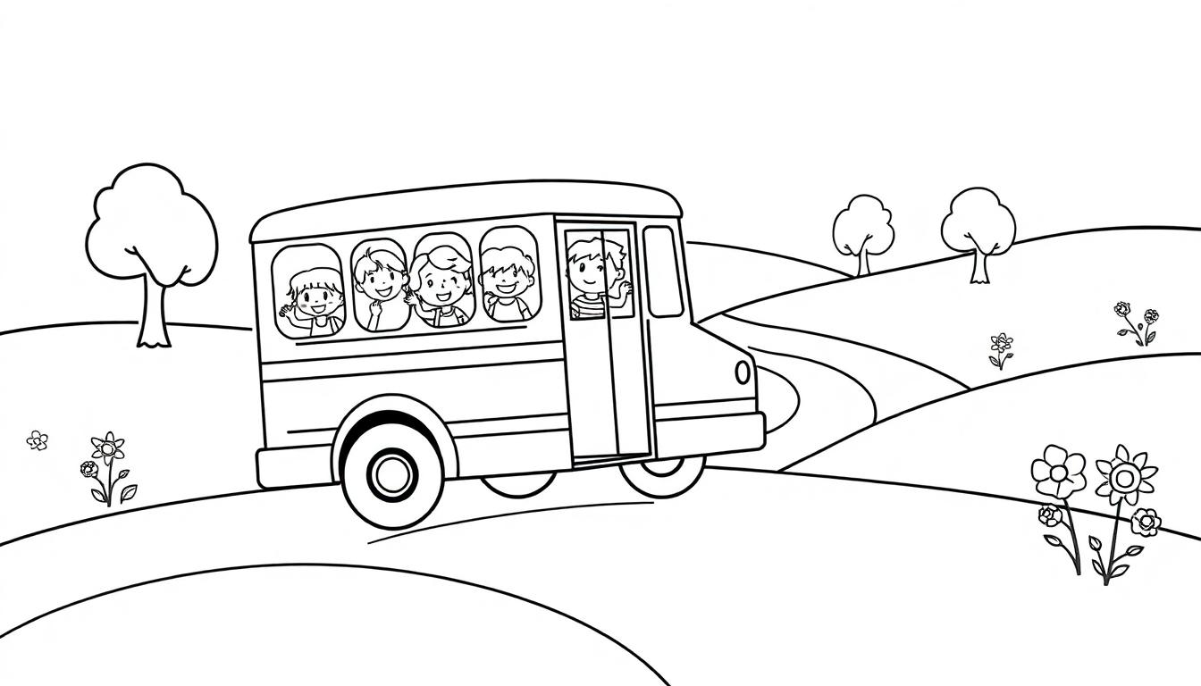 Ein Schulbus fährt durch eine hügelige Landschaft mit Bäumen und Blumen, Kinder winken aus den Fenstern.