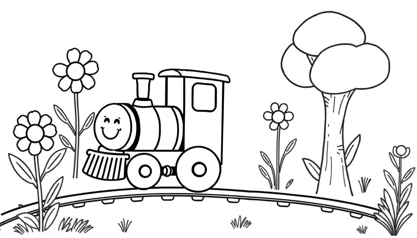 Schwarz-weißer Cartoon einer lächelnden Lokomotive fährt auf einer gebogenen Gleisstrecke durch eine Landschaft mit Blumen und einem Baum.