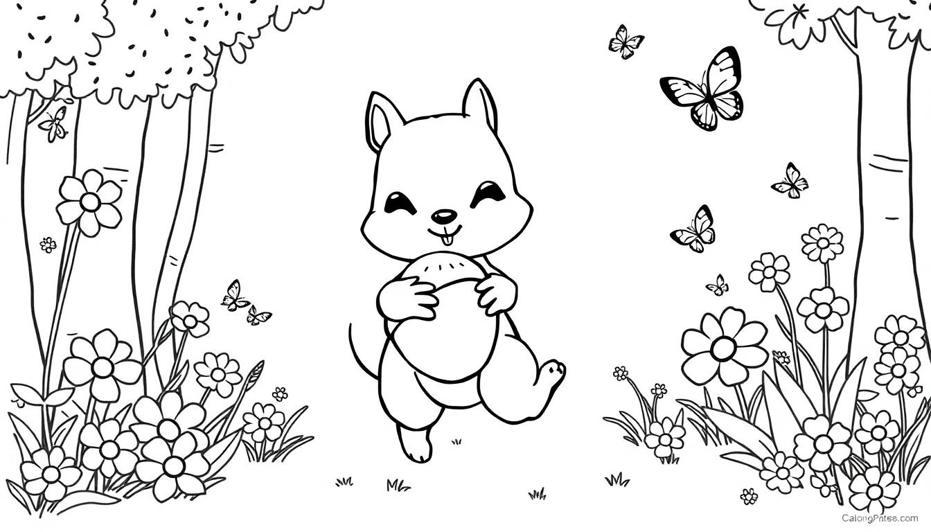 Ein niedliches Cartoon-Eichhörnchen mit einem großen Acorn, das von Blumen und Schmetterlingen umgeben ist.