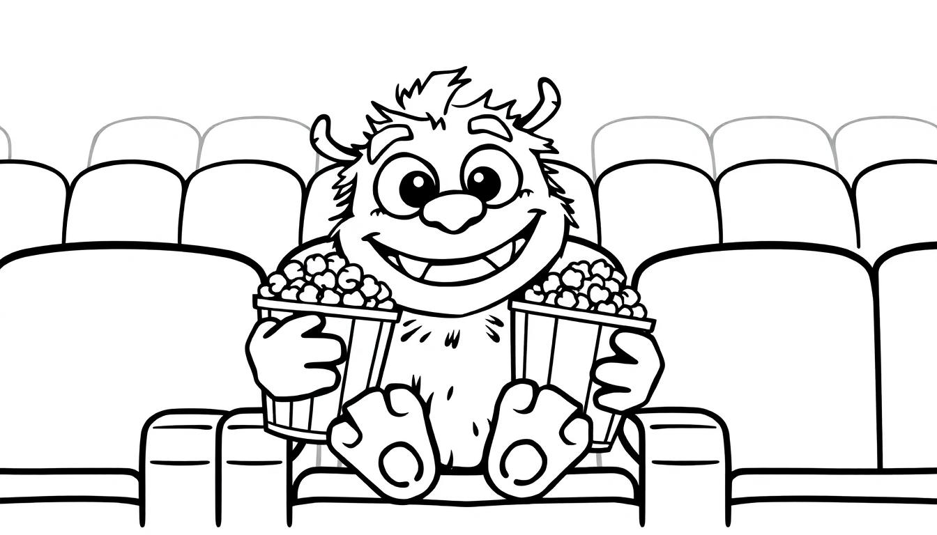 Ein pelziges Monster mit großen Augen und Hörnern, das im Kino Popcorn isst.