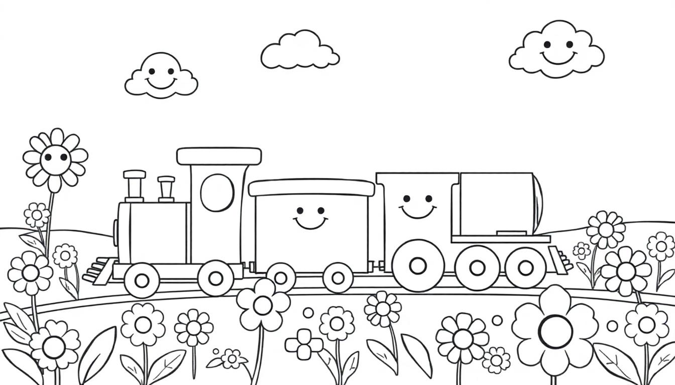 Eine schwarz-weiße Zeichnung eines lächelnden Cartoon-Zuges mit zwei Waggons, der durch eine hügelige Landschaft mit Blumen fährt, über ihm lächeln Wolken.
