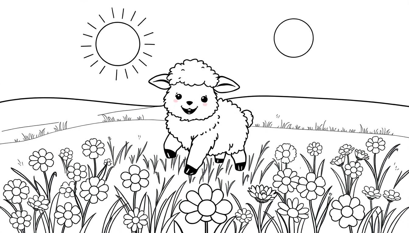 Ein flauschiges Lamm springt fröhlich in einer bunten Blumenwiese.