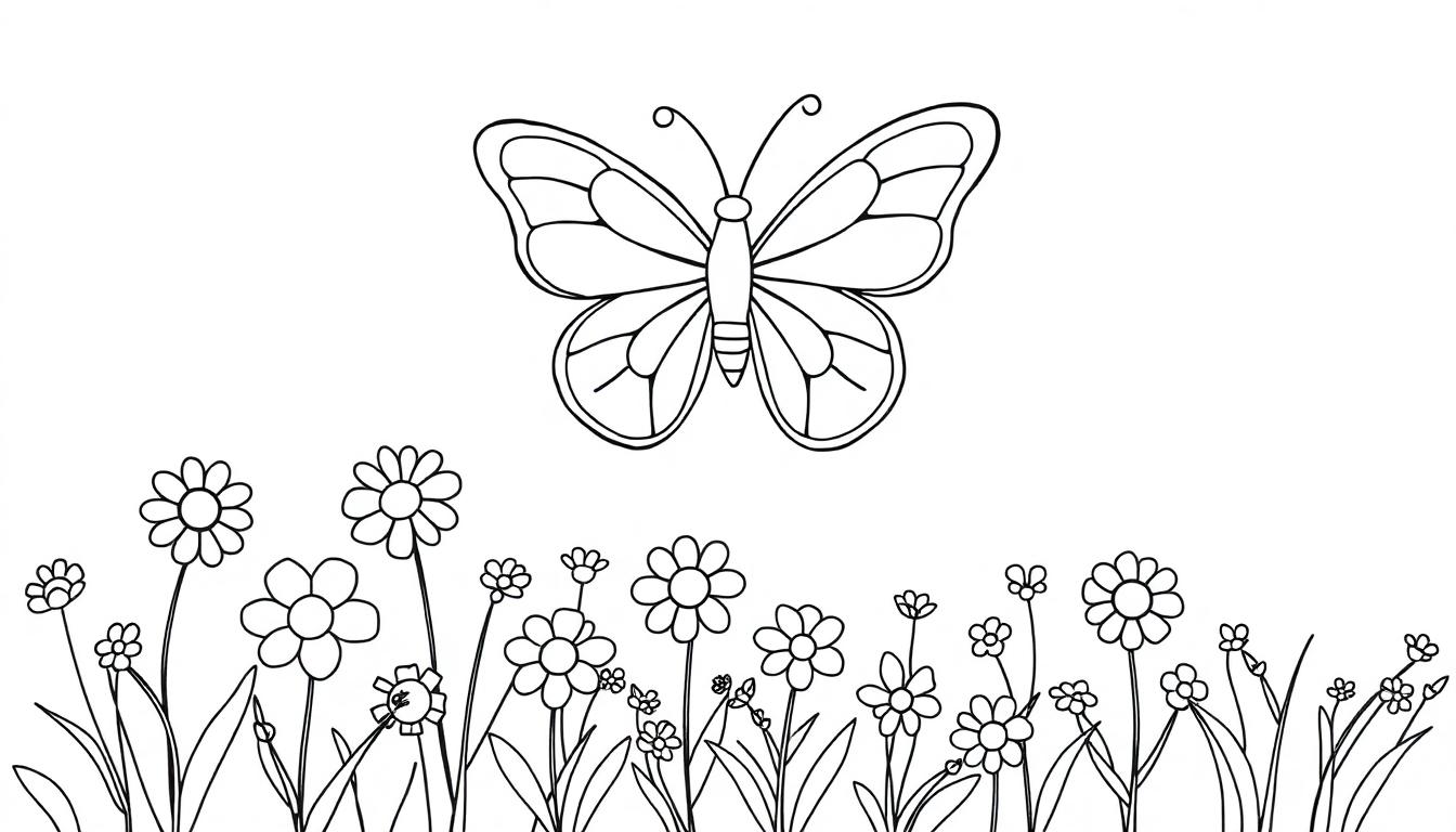 Farbtafel: Ein einfacher Schwarzweiß-Schmetterling fliegt über Blumen.