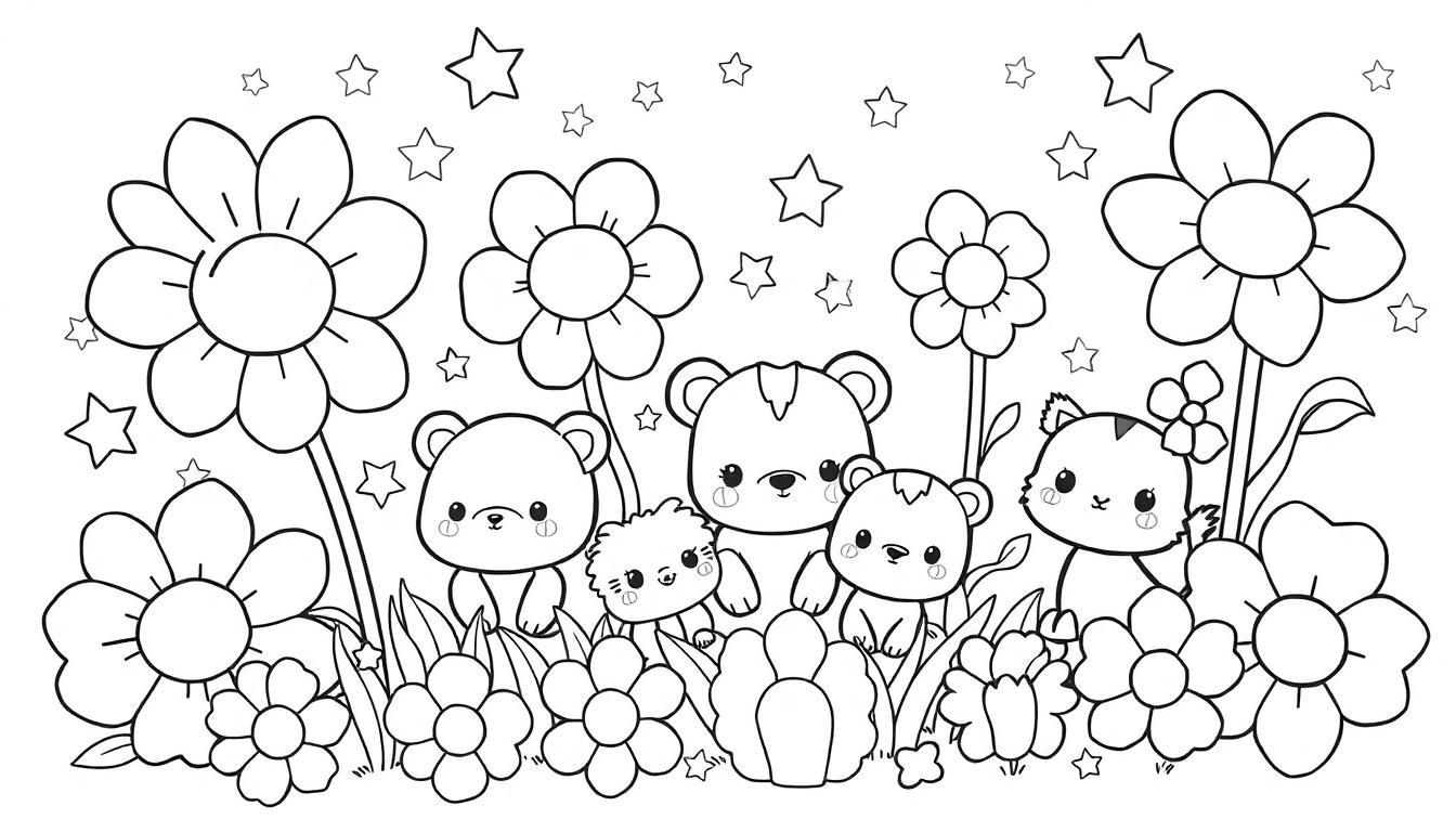 Schwarz-weiße Cartoon-Ausmalvorlage mit Tieren im Garten