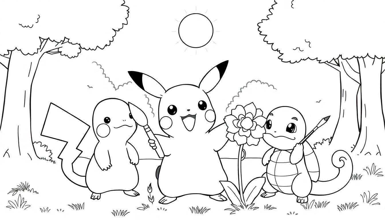 Ein Malbild mit Pikachu, Charmander und Squirtle, die im Wald malen.