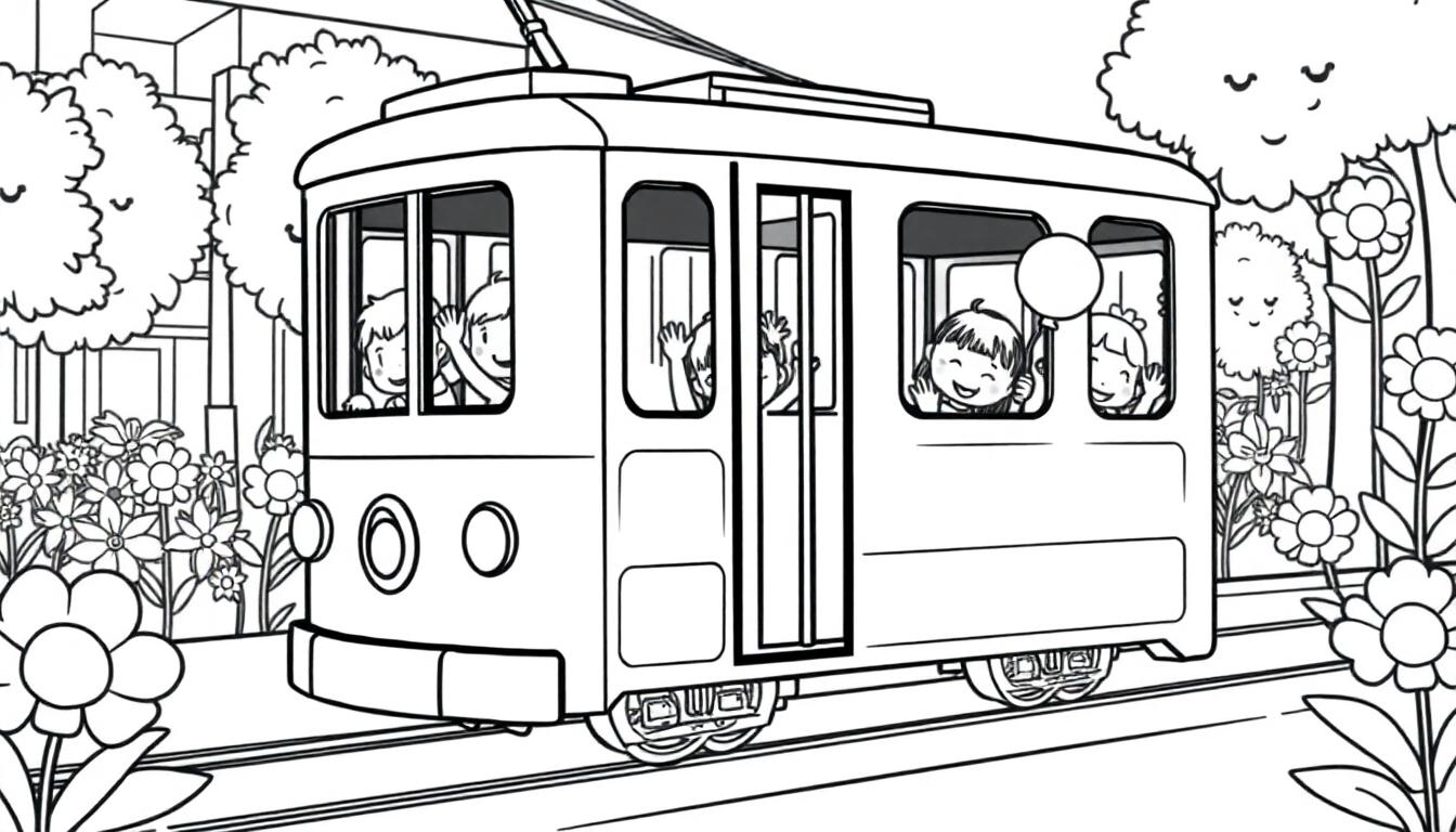 Eine Schwarzweißzeichnung einer Straßenbahn voller lachender Kinder, die aus den Fenstern winken, umgeben von Blumen und Bäumen mit Cartoon-Gesichtern, vor einem Hintergrund von Häusern.