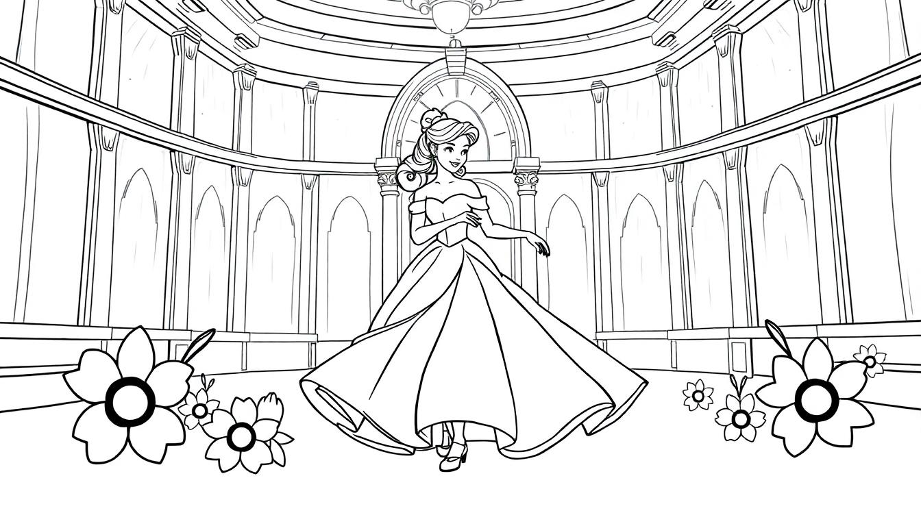 Belle in ihrem gelben Kleid, eine Farbtafel-Zeichnung, tanzt im Ballsaal mit stilisierten Blumen.