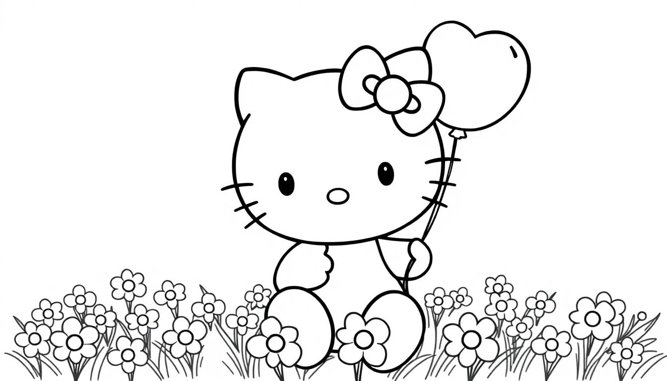 Eine fröhliche Schwarz-Weiß-Farbtafel von Hello Kitty, die inmitten von Blumen sitzt und einen herzförmigen Ballon hält.