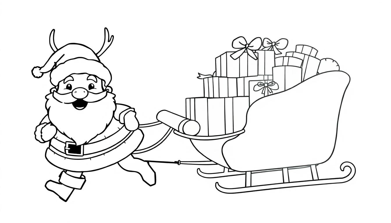Schwarz-Weiß-Cartoon: Weihnachtsmann zieht Schlitten voller Geschenke, eine Farbtafel.