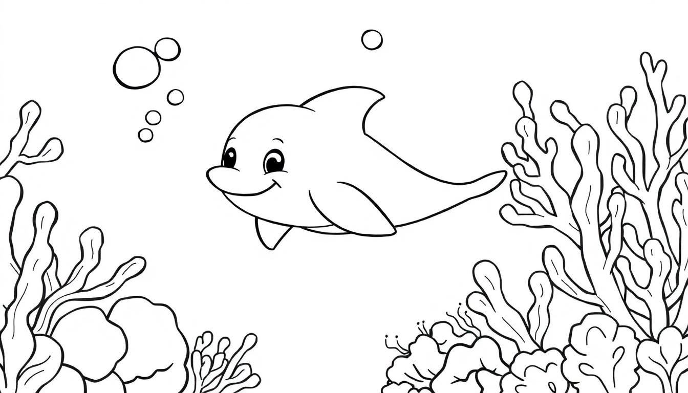 Eine Schwarz-Weiß-Farbtafel-Illustration eines freundlichen Delfins, der in einer Unterwasserlandschaft mit Korallen und Algen schwimmt.