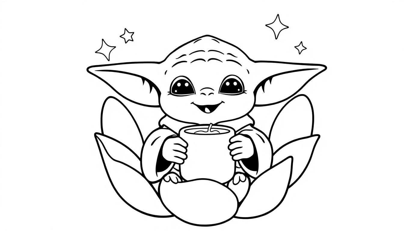 Baby Yoda in einer Blüte als Farbtafel, hält eine Tasse, mit Sternen.
