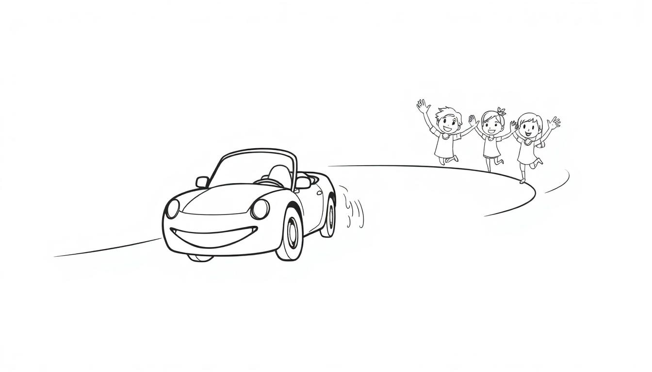 Ein rotes Auto mit einem lächelnden Gesicht fährt auf drei winkende Kinder zu, die auf einer bunten Farbtafel-Rennstrecke stehen.