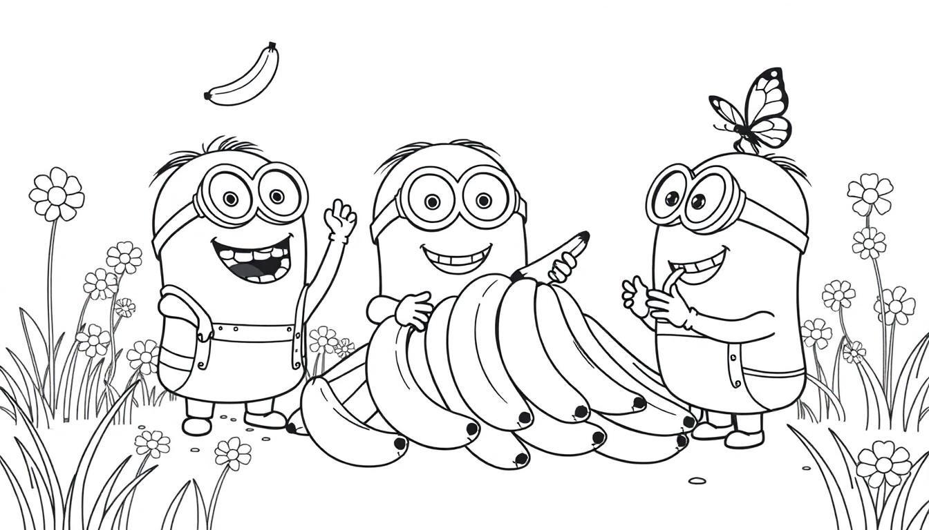 Schwarzweiß-Farbtafel: Drei Minions genießen Bananen in einem blühenden Garten.