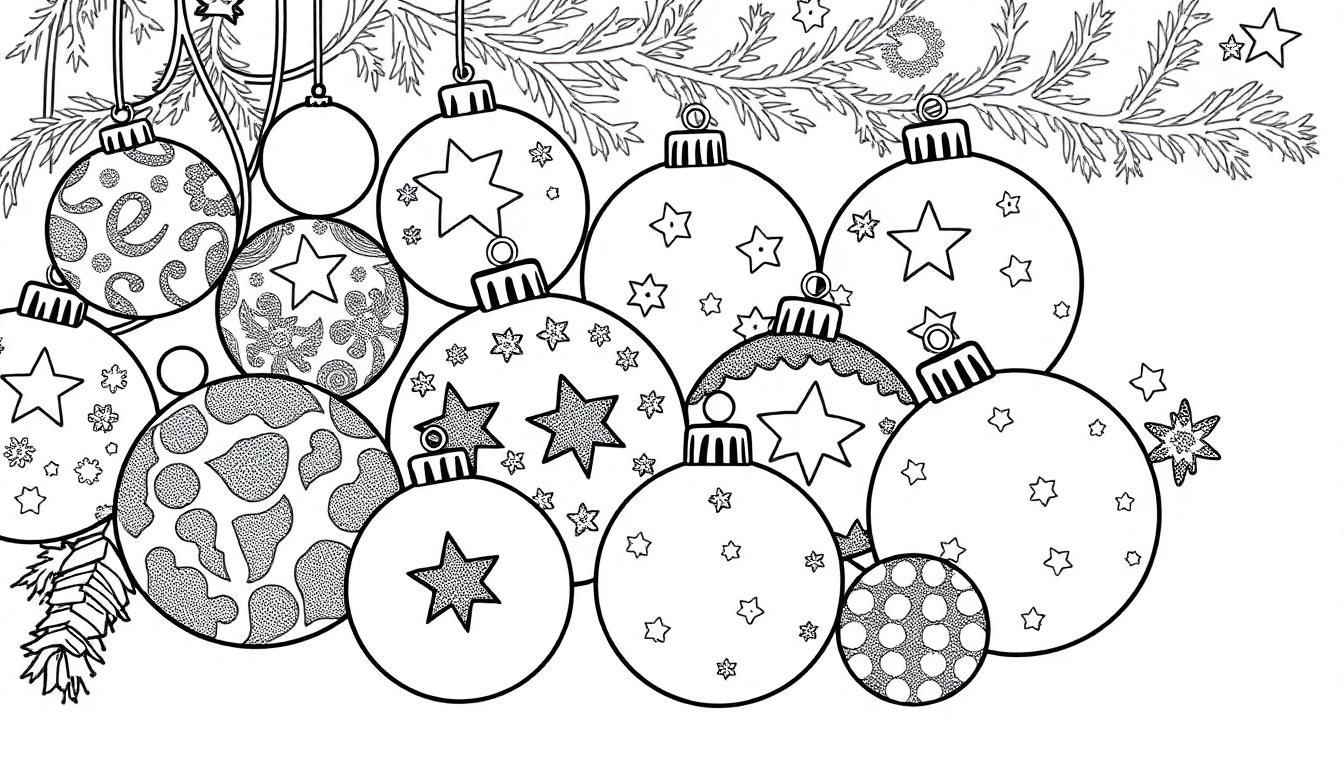 Schwarz-Weiß-Farbtafel mit Weihnachtsschmuck und Tannenzweigen.