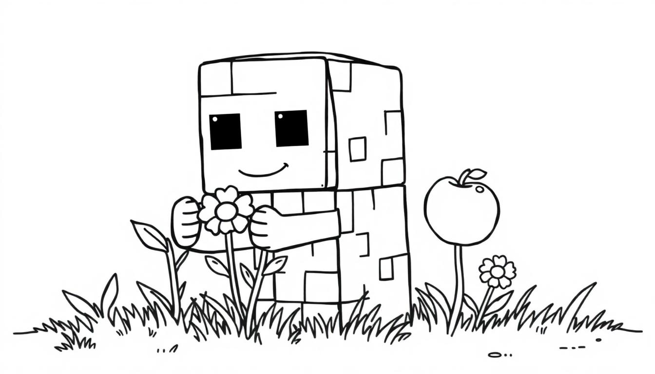 Eine niedliche Minecraft-Farbtafel eines Creepers, der Blumen pflückt.