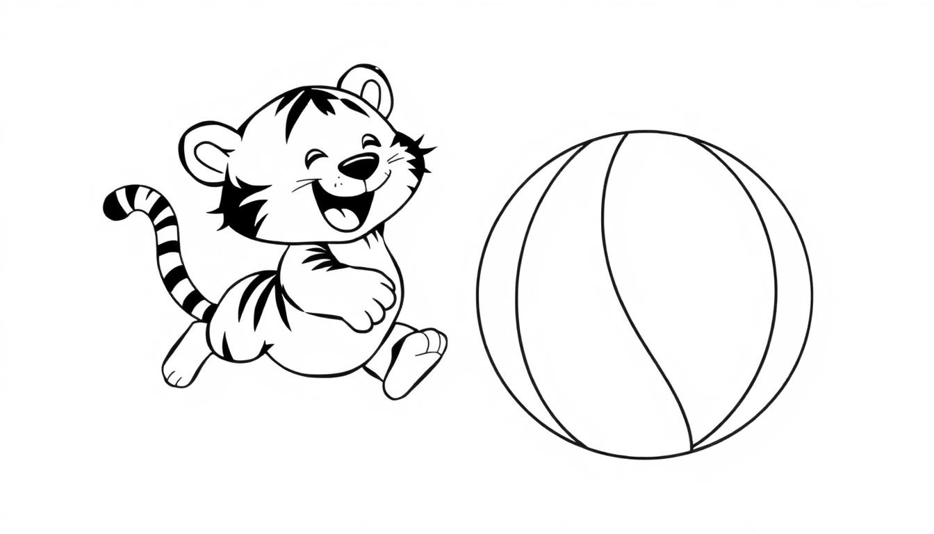 Eine Schwarzweiß-Farbtafel eines fröhlichen Cartoon-Tigers, der mit einem Ball spielt.