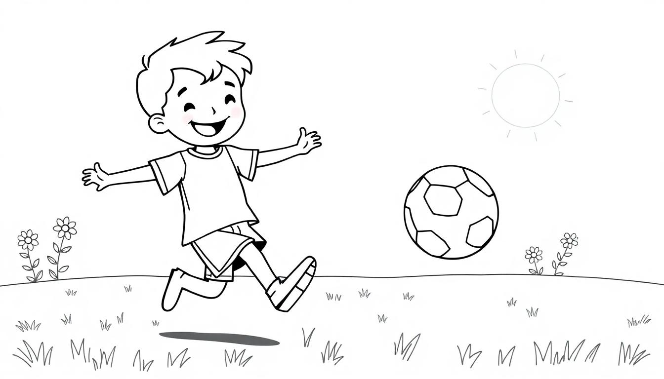 Eine Schwarz-Weiß-Farbtafel eines lachenden Jungen, der mit einem Fußball auf einer sonnigen Wiese rennt.