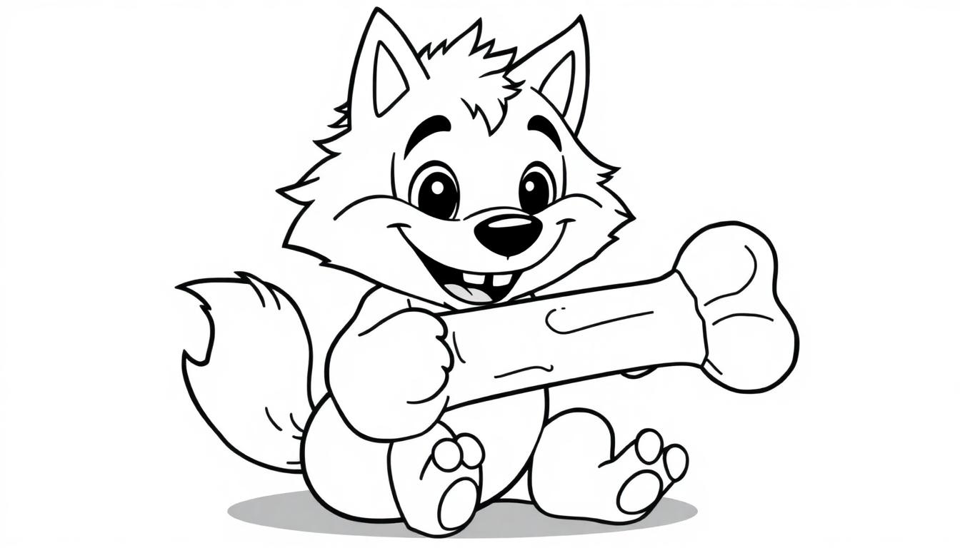 Eine cartoon-farbtafel eines freundlichen schwarzen und weißen Werwolfs, der auf dem Boden sitzt und einen riesigen Knochen hält.