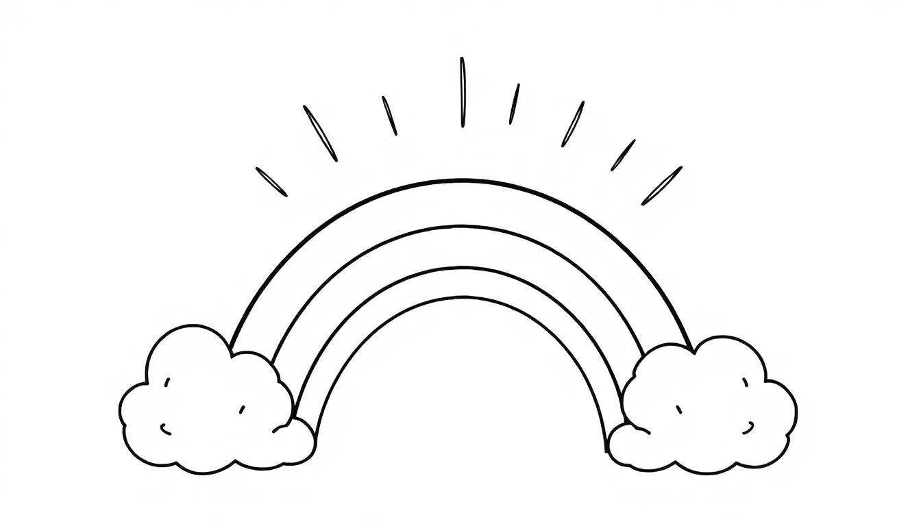 Schwarz-weiße Farbtafel eines einfachen Regenbogens mit Wolken und Sonnenstrahlen zum Ausmalen.