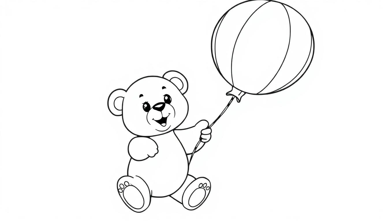 Eine Schwarz-Weiß-Farbtafel eines Teddybären, der einen runden Ballon hält.
