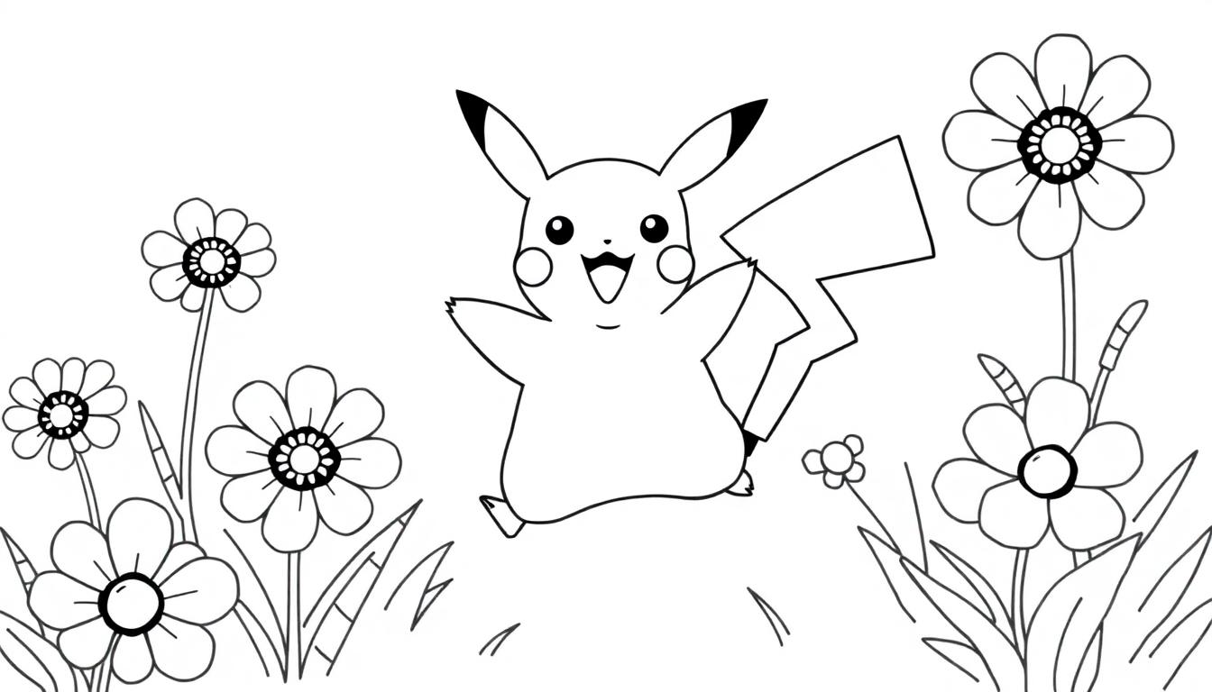 Eine Pikachu-ähnliche Figur, die in einem Blumenfeld springt, perfekt zum Ausmalen als Farbtafel.