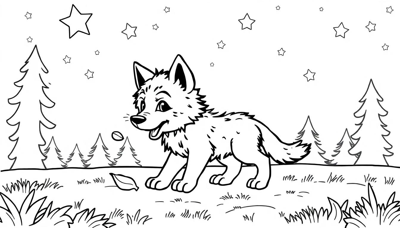 Eine niedliche, schwarz-weiße Zeichnung eines lächelnden Wolfs mit offenem Maul und wedelndem Schwanz, der auf einer Wiese vor einem sternenklaren Nachthimmel und Tannenbäumen steht, perfekt für eine Farbtafel.