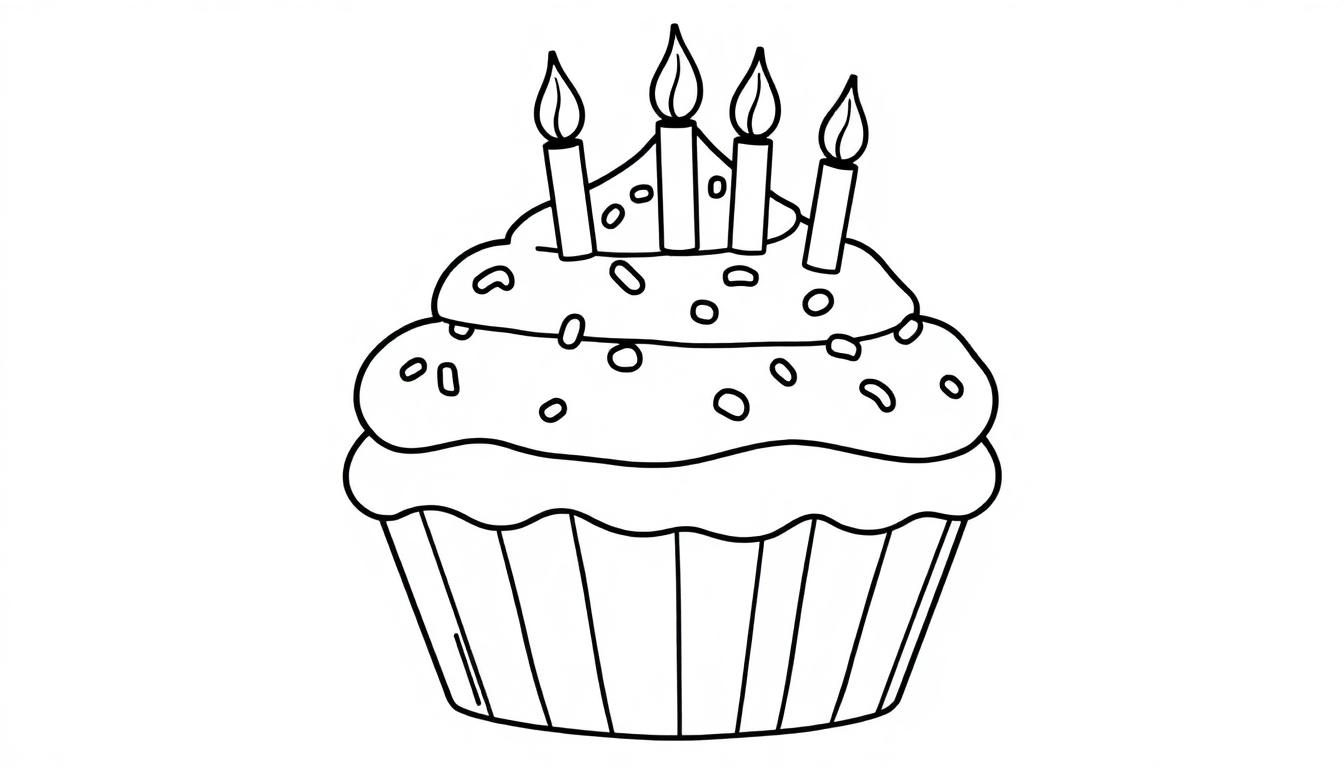 Eine Schwarz-Weiß-Farbtafel-Zeichnung eines Cupcakes mit vier brennenden Kerzen und bunten Streuseln.