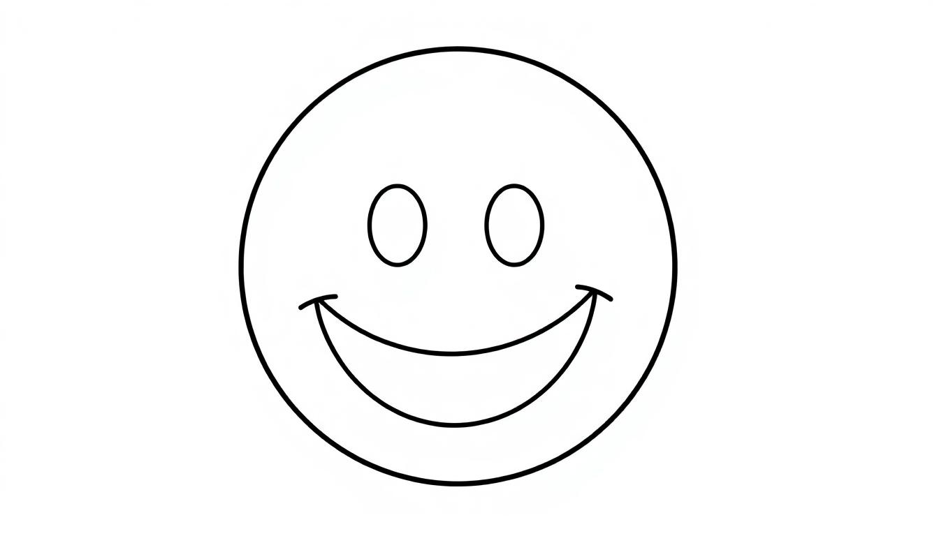 Schwarz-weiße Farbtafel eines einfachen Smiley-Gesichts mit runden Augen und einem lächelnden Mund.