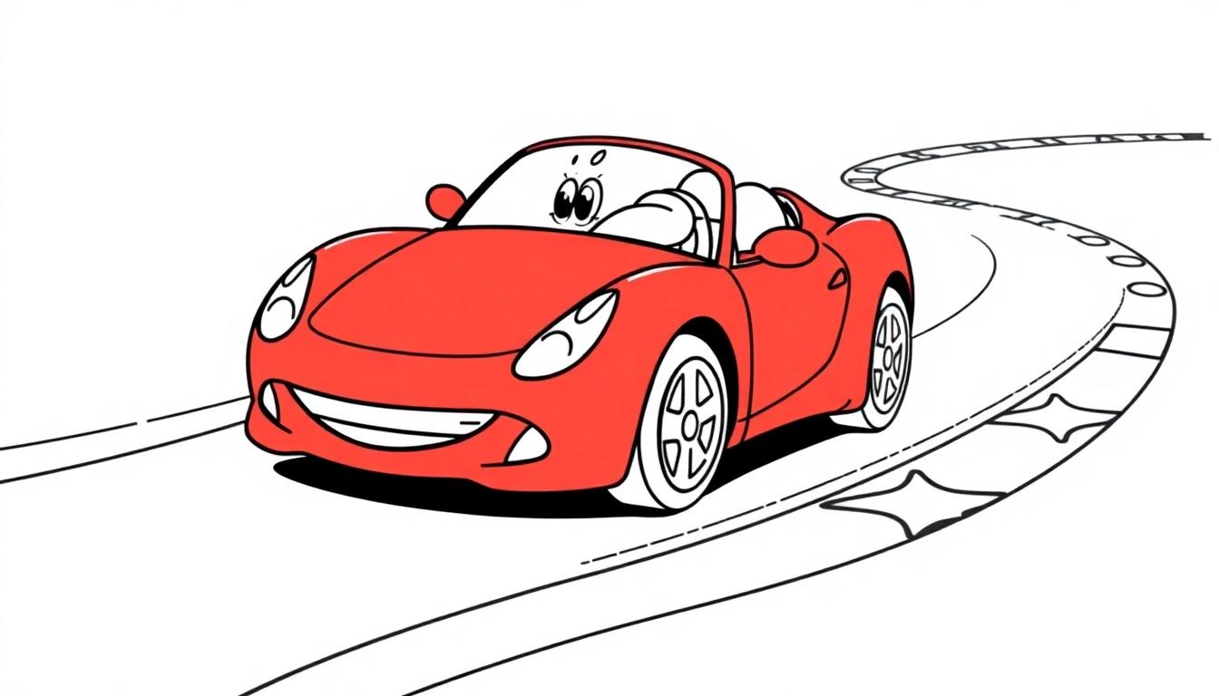 Rotes Cartoon-Auto mit fröhlichem Gesicht auf einer schwarz-weißen Rennstrecke mit Sternen. Farbtafel-Stil.