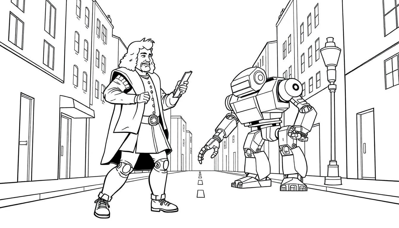 Farbtafel: Ein Mann in historischer Kleidung mit einem Smartphone und ein Roboter stehen sich in einer Stadt gegenüber.