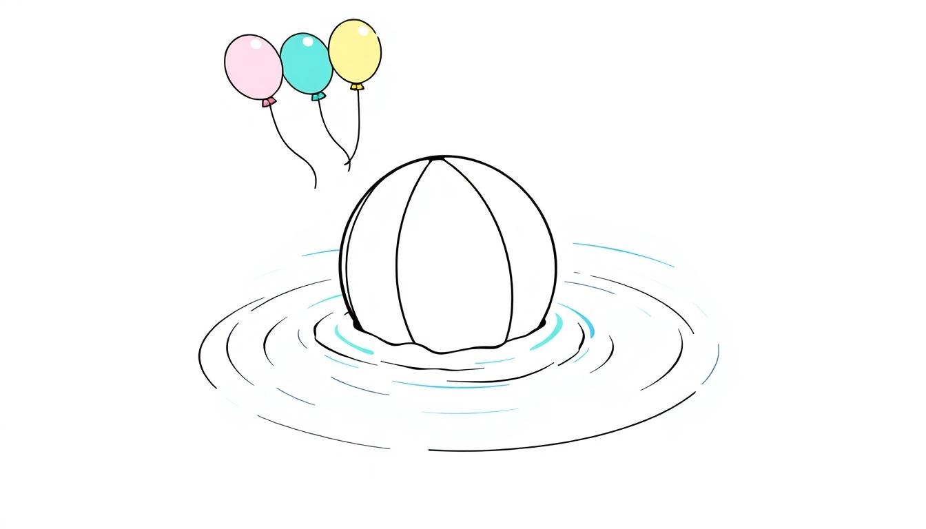 Eine bunte Farbtafel: Ein weißer Ball mit schwarzen Linien treibt in blauem Wasser, drei Ballons schweben darüber.