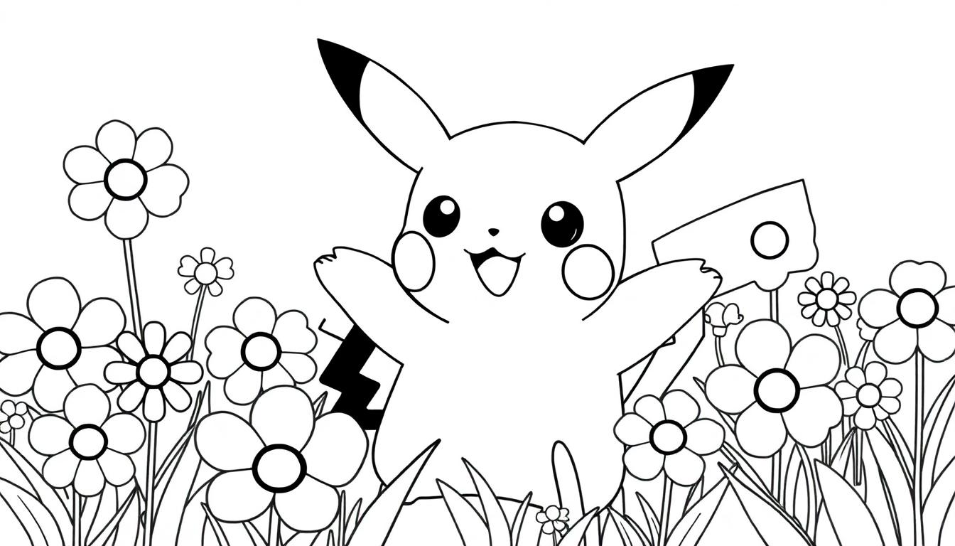 Eine Schwarz-Weiß-Farbtafel von Pikachu mit erhobenen Armen in einer Blumenwiese.