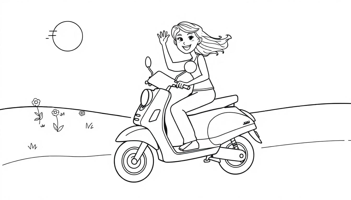 Eine bunte Farbtafel-Szene mit einer Cartoon-Frau, die auf einem Motorroller winkt, auf grünen Hügeln unter einer stilisierten Sonne.