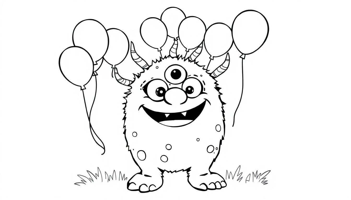 Eine Farbtafel-Zeichnung eines freundlichen Cartoon-Monsters mit drei Augen und einem breiten Lächeln, das von Luftballons umgeben ist.