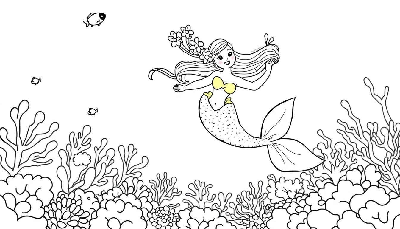 Eine Schwarzweiß-Farbtafelzeichnung einer fröhlichen Meerjungfrau mit Blumen im Haar und Muschelbüstenhalter, die vor einem Korallenriff schwimmt.